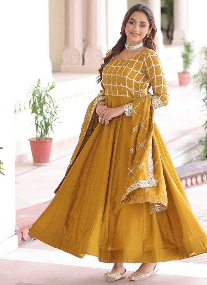 mustard silk blend  sequins zari embroidered anarkali suit for festive women's wear 