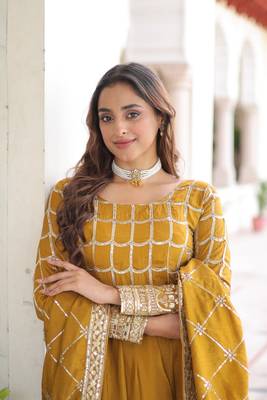 mustard silk blend  sequins zari embroidered anarkali suit for festive women's wear  3