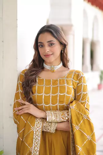 mustard silk blend  sequins zari embroidered anarkali suit for festive women's wear 