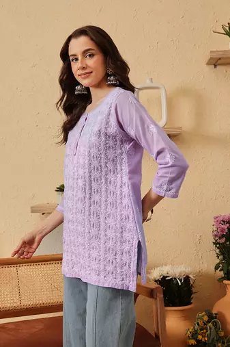 hand embroidered lavender cotton lucknowi chikankari short kurti