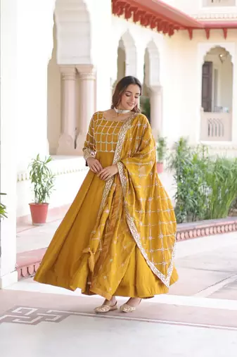 mustard silk blend  sequins zari embroidered anarkali suit for festive women's wear 