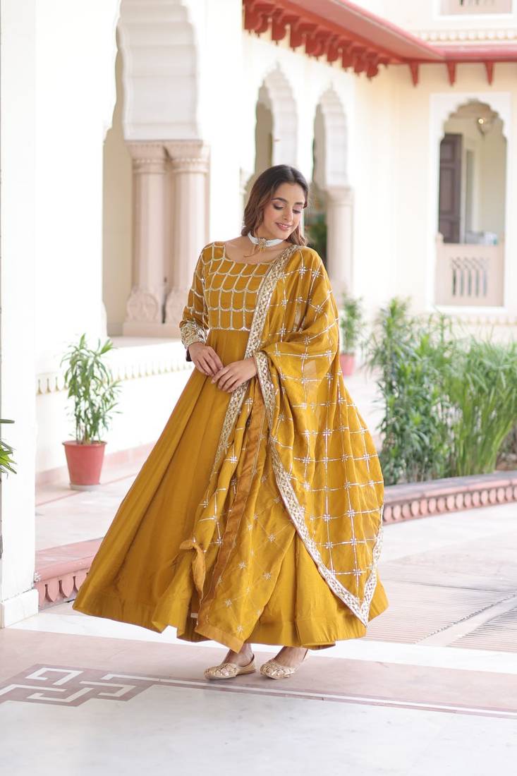 mustard silk blend  sequins zari embroidered anarkali suit for festive women's wear 