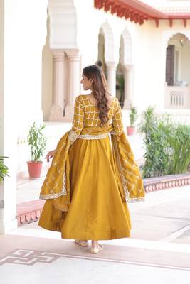 mustard silk blend  sequins zari embroidered anarkali suit for festive women's wear  5