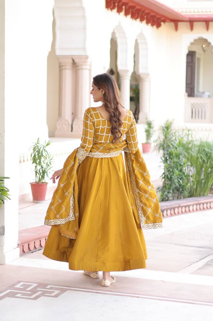 mustard silk blend  sequins zari embroidered anarkali suit for festive women's wear 