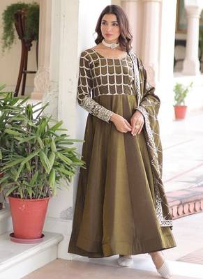 mehendi green silk blend  sequins zari embroidered anarkali suit for festive women's wear  1