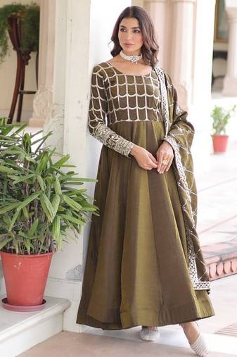 mehendi green silk blend  sequins zari embroidered anarkali suit for festive women's wear 