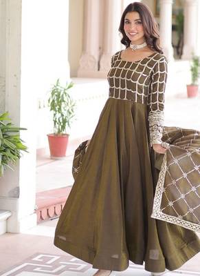mehendi green silk blend  sequins zari embroidered anarkali suit for festive women's wear  2