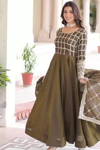 mehendi green silk blend  sequins zari embroidered anarkali suit for festive women's wear 