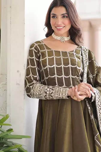 mehendi green silk blend  sequins zari embroidered anarkali suit for festive women's wear 
