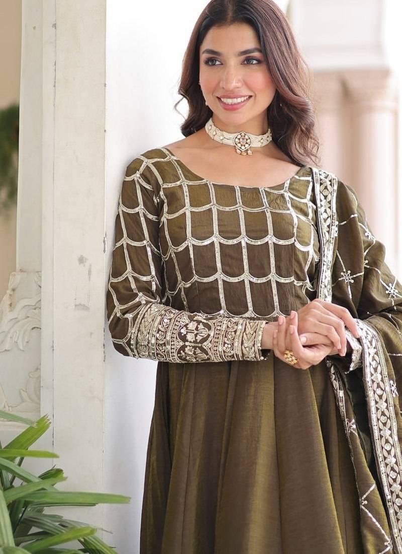 mehendi green silk blend  sequins zari embroidered anarkali suit for festive women's wear 