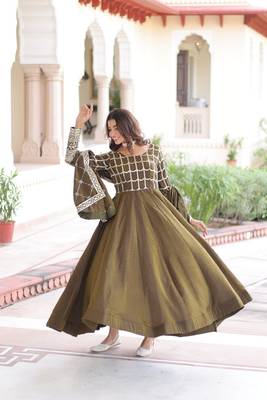 mehendi green silk blend  sequins zari embroidered anarkali suit for festive women's wear  4
