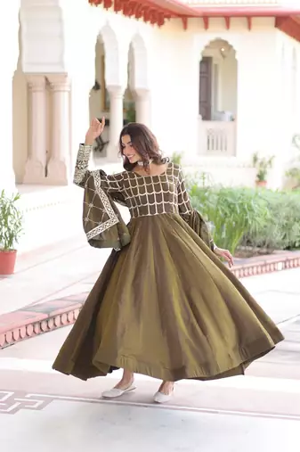 mehendi green silk blend  sequins zari embroidered anarkali suit for festive women's wear 