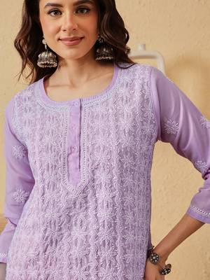 hand embroidered lavender cotton lucknowi chikankari short kurti 4