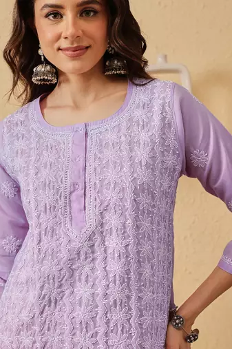 hand embroidered lavender cotton lucknowi chikankari short kurti