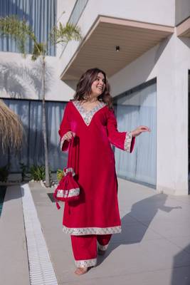 rani pink velvet zari embroidered real mirror work kurti pant and batwa for women's best look  1