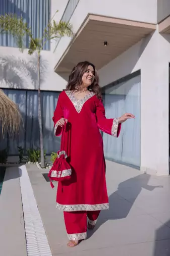 rani pink velvet zari embroidered real mirror work kurti pant and batwa for women's best look 