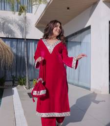 rani pink velvet zari embroidered real mirror work kurti pant and batwa for women's best look 