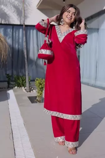 rani pink velvet zari embroidered real mirror work kurti pant and batwa for women's best look 