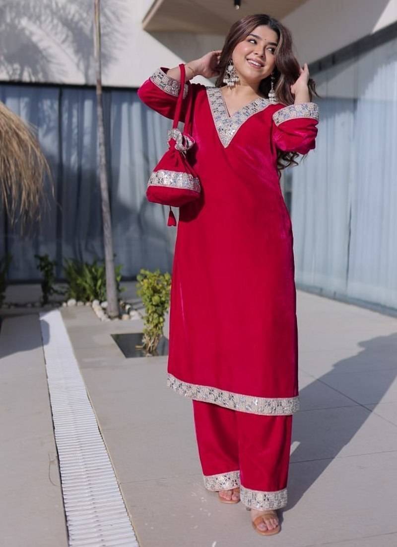 rani pink velvet zari embroidered real mirror work kurti pant and batwa for women's best look 