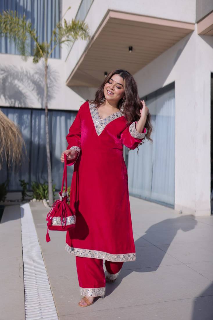 rani pink velvet zari embroidered real mirror work kurti pant and batwa for women's best look 