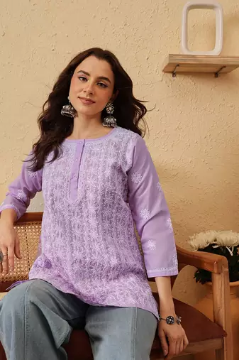 hand embroidered lavender cotton lucknowi chikankari short kurti