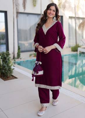 wine velvet zari embroidered real mirror work kurti pant and batwa for women's best look  1