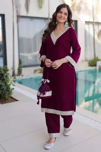 wine velvet zari embroidered real mirror work kurti pant and batwa for women's best look 