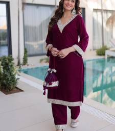 wine velvet zari embroidered real mirror work kurti pant and batwa for women's best look 