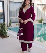 wine velvet zari embroidered real mirror work kurti pant and batwa for women's best look 