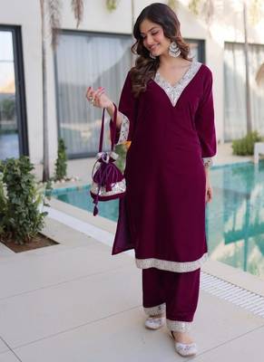wine velvet zari embroidered real mirror work kurti pant and batwa for women's best look  2