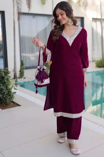 wine velvet zari embroidered real mirror work kurti pant and batwa for women's best look 