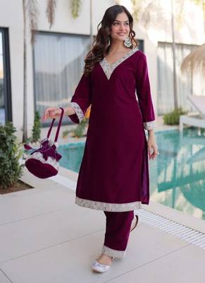 wine velvet zari embroidered real mirror work kurti pant and batwa for women's best look  4