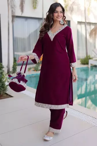 wine velvet zari embroidered real mirror work kurti pant and batwa for women's best look 