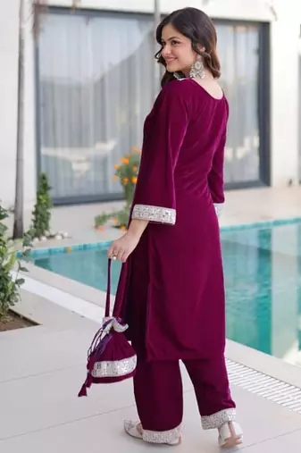 wine velvet zari embroidered real mirror work kurti pant and batwa for women's best look 