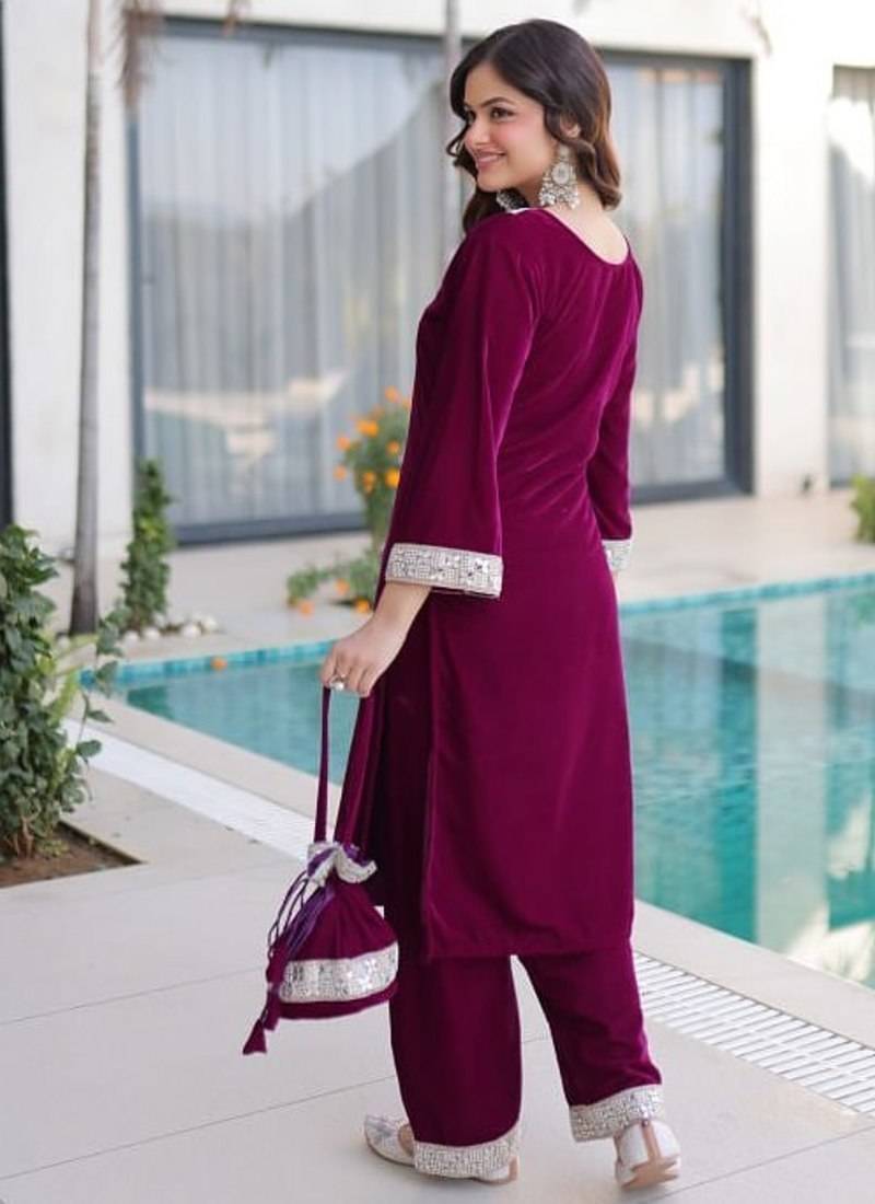 wine velvet zari embroidered real mirror work kurti pant and batwa for women's best look 