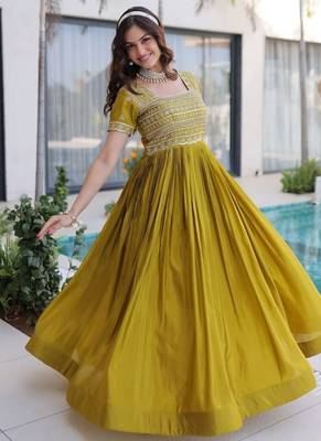 mhendi green sequins & zari embroidered gown – elegant party & festive wear gown 1