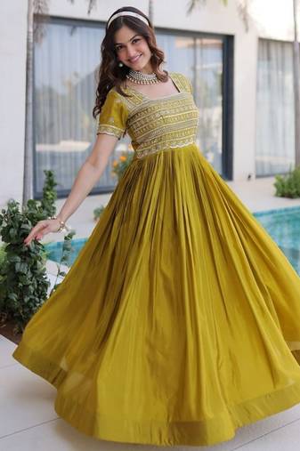 mhendi green sequins & zari embroidered gown     elegant party & festive wear gown