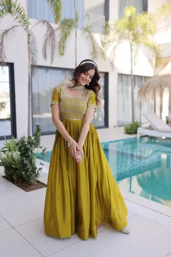 mhendi green sequins & zari embroidered gown – elegant party & festive wear gown