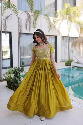 mhendi green sequins & zari embroidered gown – elegant party & festive wear gown