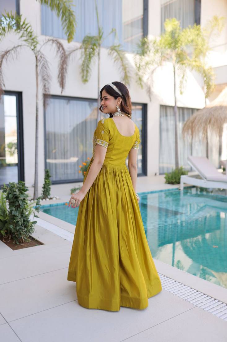 mhendi green sequins & zari embroidered gown – elegant party & festive wear gown