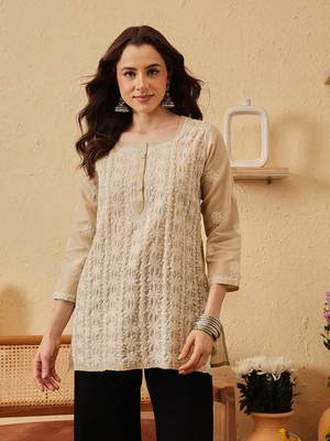 hand embroidered fawn cotton lucknowi chikankari short kurti 1