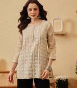 hand embroidered fawn cotton lucknowi chikankari short kurti