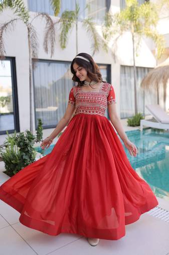 red sequins & zari embroidered gown     elegant party & festive wear gown