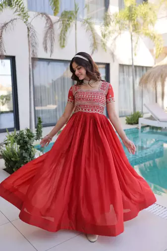 red sequins & zari embroidered gown – elegant party & festive wear gown