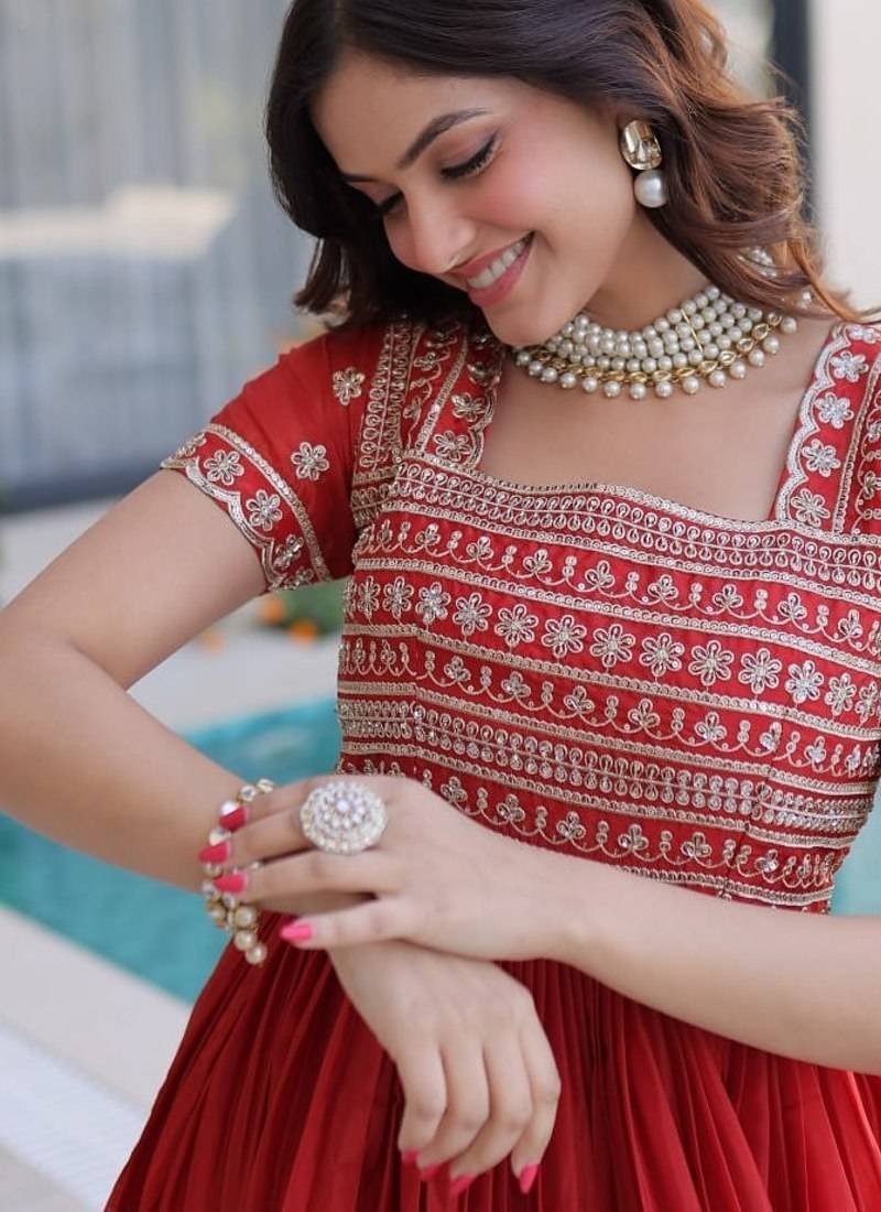 red sequins & zari embroidered gown – elegant party & festive wear gown