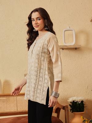 hand embroidered fawn cotton lucknowi chikankari short kurti 3