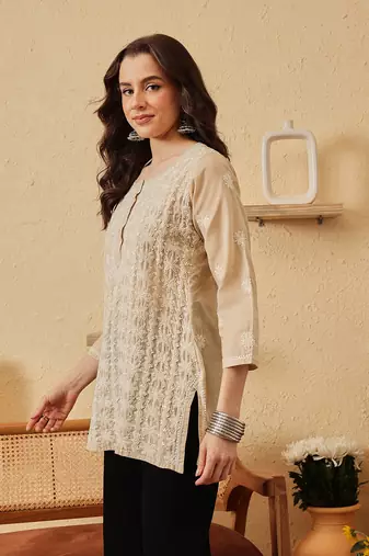 hand embroidered fawn cotton lucknowi chikankari short kurti