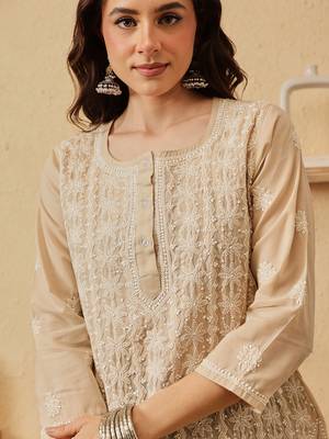 hand embroidered fawn cotton lucknowi chikankari short kurti 4