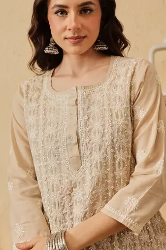 hand embroidered fawn cotton lucknowi chikankari short kurti