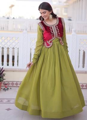 Mhendi green mal chanderi designer anarkali gown with koti 1